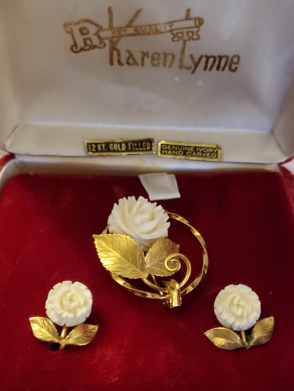 Karen Lynne 12KT Gold Filled Ivory Rose Brooch & Earring Set - White & Gold